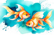 Two cute goldfish underwater, turquoise background, watercolour painting