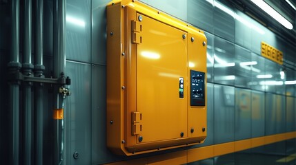 Fototapete - A shiny closed modern high-tech yellow switch cabinet mounted to a wall. Generative AI.