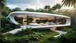 Luxurious futuristic Villa Overlooking deep green tropical forest. Luxury panoramic forest view.
