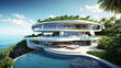 Luxurious futuristic Villa with Infinity Pool Overlooking the Ocean. Luxury panoramic tropical forest view.
