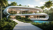 Luxurious futuristic Villa with Pool Overlooking deep green tropical forest. Luxury panoramic forest view.