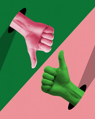 Poster. Contemporary art collage. Two hands with thumb up gesture emerging from holes against green-pink background. Abstract vibrant artwork. Concept of pop art, positive emotions. Minimal art design