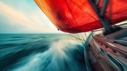 Wall Mural - Speeding Sailboat with Red Sail on Open Sea