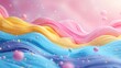 Painting of waves and bubbles swirling on a vibrant pink and blue background