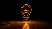 Orange And Yellow Innovation Technology Concept With Lightbulb Symbol As A Neon Light. Vibrant Colored Icon, On A Black Background With High Tech Floor. 3D Render