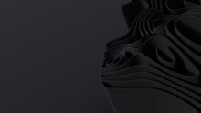 Black 3D Ribbons Arranged To Create A Dark Abstract Wallpaper. 3D Render With Copy-space. 