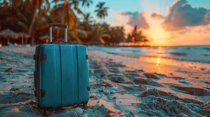 A blue suitcase placed on the sandy beach shore under the bright sunlight