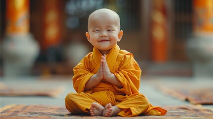 Wall Mural - Portrait of a child monk who is smiling in the temple