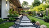 Fototapeta Sport - Modern villa with featuring a garden landscape. The garden is portrayed with a simple layout, clean and tidy. Generative AI.