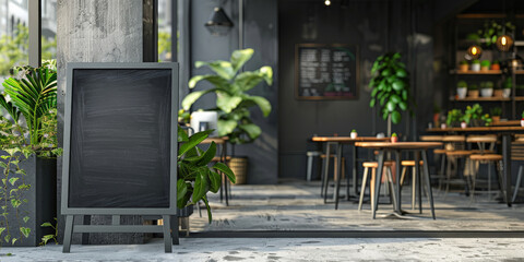 empty black billboard on the street in front of the restaurant, Mock up Signboard Blank black sign stand shop Restaurant cafe Menu