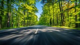 Fototapeta Uliczki - Motion blur of a straight asphalt road in the middle of the forest during the day