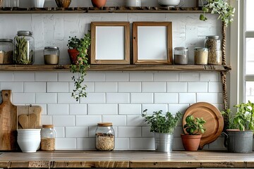 Poster - In cottage house kitchen, 3 small vertical, blank white canvas with slim, wooden frame on shelf, white wall in kitchen. Generative AI.