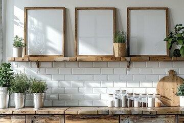 Poster - In cottage house kitchen, 3 small vertical, blank white canvas with slim, wooden frame on shelf, white wall in kitchen. Generative AI.