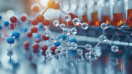 Poster - Study of biochemistry with a focus on drug formulation, detailed molecular models visible. Generative AI.