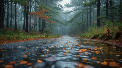 Poster - Along the road through the pine forest with a gently flowing stream. Generative AI.