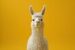Front view of 3d headshot of cute cartoon llama having white fur, isolated yellow background