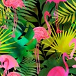 Abstract Digital Painting Watercolor Tropical Leaves and Flamingos Jungle Concept Seamless Textile Pattern Isolated Background