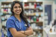 Attractive young Indian nurse wearing blue scrubs, smiling and standing in front of medical equipment on shelves behind her with colors and stationery in a bright light office space.