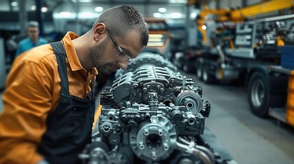 Poster - Man fully Assembling truck engine at factory. Generative AI.