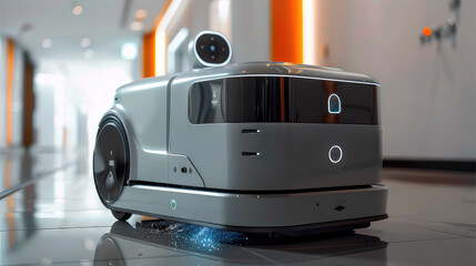 Poster - A professional large commercial unmanned cleaning robot with an LED display. Generative AI.