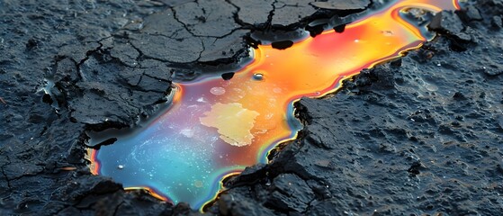 Wall Mural - Rainbow-Hued Hazard: Colorful Gasoline Spill on Asphalt. Concept Colorful Spill, Hazardous Materials, Rainbow Colors, Environmental Contamination, Asphalt Cleanup