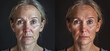 A detailed before and after photo of an elderly woman's face, showcasing the impact of skin implants on wrinkles and fine lines.