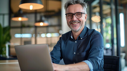 Happy mature business man executive manager looking at laptop computer watching online webinar or having remote virtual meeting, video conference call negotiation. Generative AI