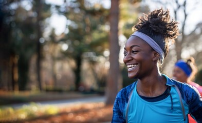 Portrait of sporty black woman runner running in a park