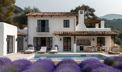 Wall Mural - Romantic white villa with a swimming pool in a lavender field