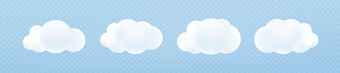 Wall Mural - white 3d cloud set on a transparent background: soft, round, cartoon fluffy clouds in bubble shape i