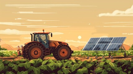 Wall Mural - A closeup of a solar panel affixed to a tractor and ready to cultivate a field using renewable energy. . .