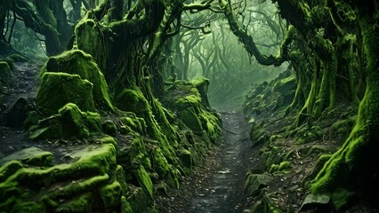 Wall Mural - A beautiful forest path covered in lush green moss, winding its way through towering trees, A narrow, winding path through an ancient, eerie forest, AI Generated