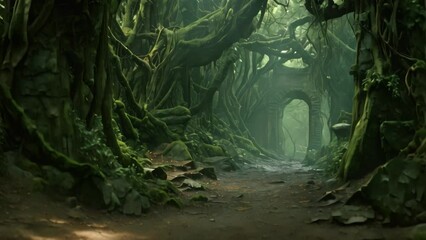 Wall Mural - A picturesque forest trail with lush green moss, leading through a serene and vibrant woodland, A narrow, winding path through an ancient, eerie forest, AI Generated