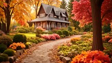 Scene Of A House Nestled In Vibrant Foliage, Surrounded By Colorful Trees Creating A Serene Atmosphere, A Pathway Lined With Fall Colored Trees Leading To A Charming Cottage, AI Generated
