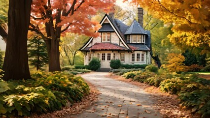 Canvas Print - A picturesque house surrounded by vibrant trees and a carpet of fallen leaves during the fall season, A pathway lined with fall colored trees leading to a charming cottage, AI Generated