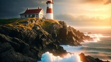 A Stunning Lighthouse Standing Atop A Rugged Cliff Overlooking The Vast Ocean Waves, A Remote Lighthouse Home On A Rugged Coast, AI Generated