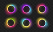 Bright neon rainbow circles with transparent glow effect. Vector colorful frames for logo design with neon effect. PNG glow effect. Rainbow portal, magical glow.