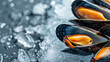 Opened fresh mussels with lizhlm on isolated dark background
