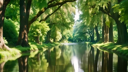 Wall Mural - A tranquil river winds its way through a picturesque landscape adorned with towering trees draped in Spanish moss., A serene bayou with Spanish moss hanging from the cypress trees, AI Generated