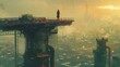 Amidst the industrial madness a lone figure stands atop a massive crane surveying the sprawling metropolis below.