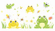 Funny cartoon scene with frog and funny bugs insects
