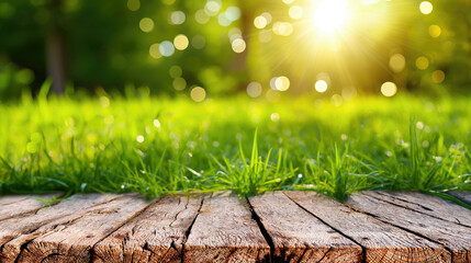 Poster - Nature background with green grass and empty wooden table