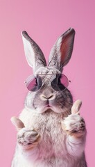 Wall Mural - Hip easter bunny in sunglasses giving thumbs up on pastel background with space for text