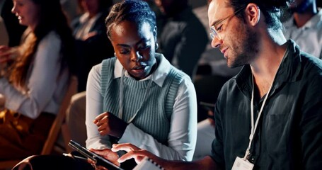 Poster - Business people, man and woman with tablet in conference, workshop training and seminar for meeting. Corporate, entrepreneurs and conversation with explanation, discussion and talking with screen