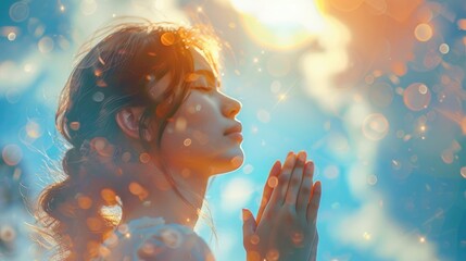 Wall Mural - Close-up of the face and hands of a praying woman against the background of the sky and sun rays. Banner with copy space.