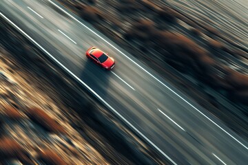 Red car speeding on an empty highway