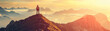 © praewpailyn - A lone adventurer stands atop a mountain peak, overlooking a breathtaking vista of cloud-wrapped mountains bathed in the warm glow of sunrise