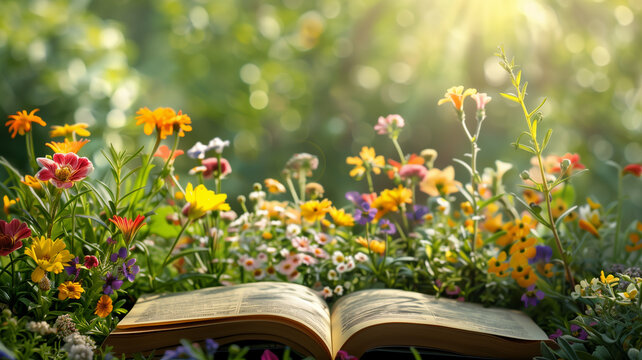 Magical book open to a floral garden scene, storytelling theme for Mother's Day, text space.