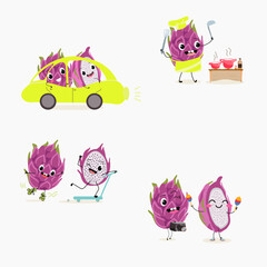 Wall Mural - Cute characters pitaya, dragon fruit, pitahaya, funny fruits set, collection. Flat vector illustration. Activities, playing musical instruments, sports, vector illustrations.