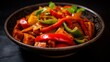 Close view of flavorful vegetable jalfrezi with bell peppers